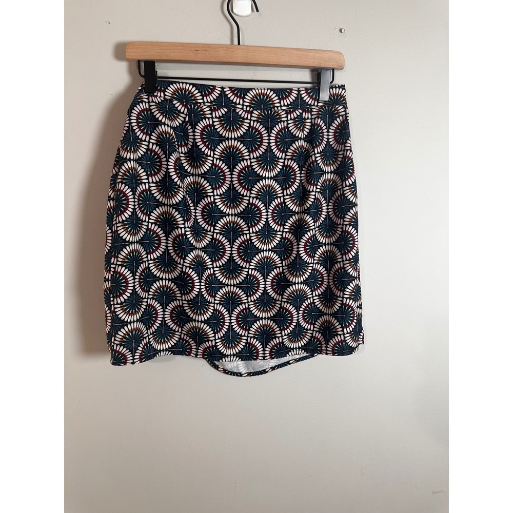 Molly Bracken Geometric Fan Print Wrap Tulip Skirt Navy Blue Teal Coral NEW - Picture 6 of 8